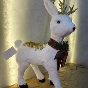 White Christmas Reindeer with Golden Glitter and Plaid Ribbon