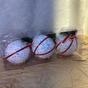 White Glitter Christmas Ornaments with Pine & Berry Accents – Set of 3