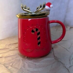 Red Christmas Mug with Golden Antler Lid – Candy Cane Design