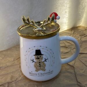 White Christmas Mug with Golden Antler Lid – Snowman Design