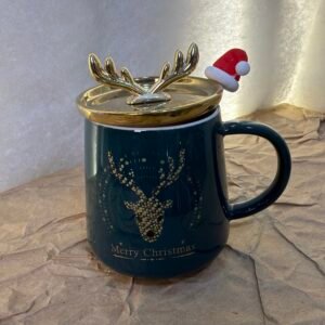Dark Green Christmas Mug with Golden Antler Lid – Reindeer Design