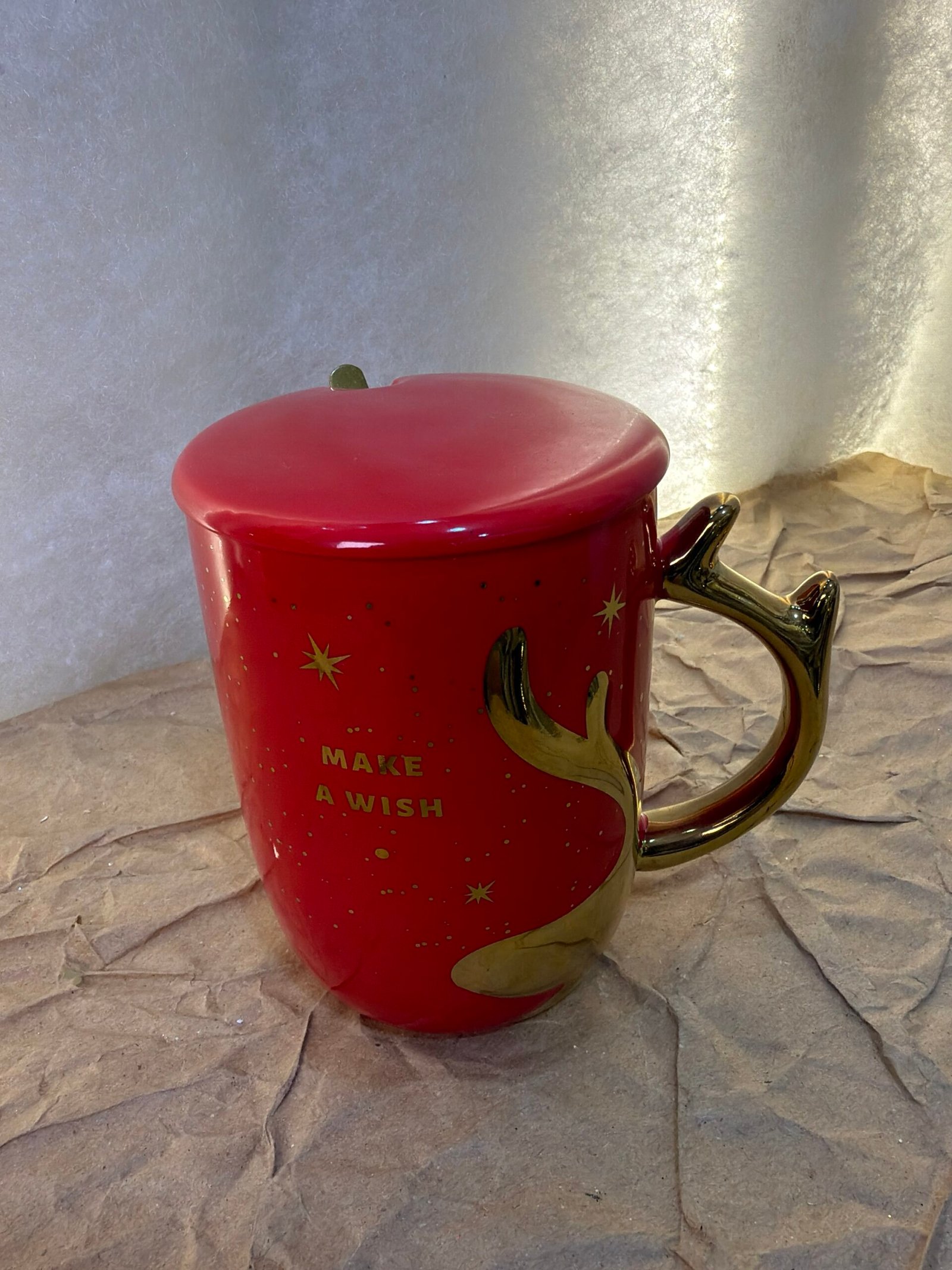 Red “Make a Wish” Mug with Golden Antler Handle