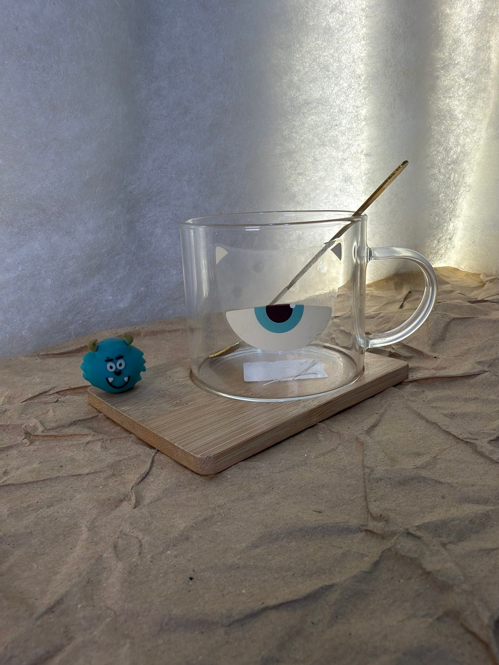 Monsters Inc Glass Cup with Wooden Base & Spoon