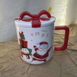 Red & White Gift Box Mug with Santa & Snowman