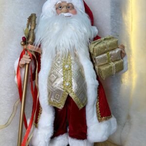 Traditional Red Santa Claus Figurine with Staff and Gift Boxes