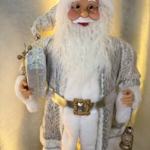 Elegant Silver Santa Claus Figurine with Gift and Lantern