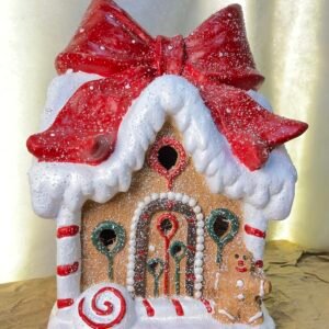 Small Gingerbread House Christmas Decoration – Red & White Accents