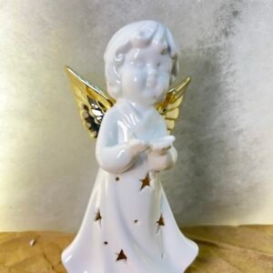Ceramic Angel Figurine with Golden Wings – Decorative Christmas Ornament