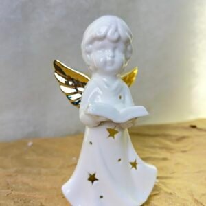 Porcelain Angel Figurine with Golden Wings and Star Cutouts