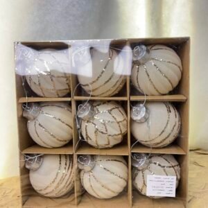 Beige Velvet Christmas Baubles with Gold Glitter – Set of 9