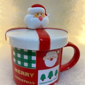 Red Christmas Mug with Santa Head Lid (Checkered Design)