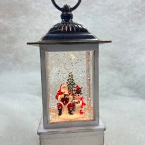 White Vintage Lantern – Santa & Tree (Glitter Light Decor)