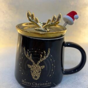 Black Christmas Mug with Golden Antler Lid & Reindeer Design